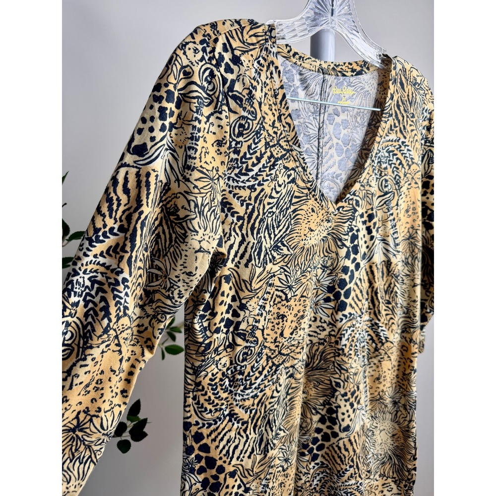 Lilly Pulitzer Hear Me Roar Animal Print Cotton V-Neck Dress Tan Black Medium - Picture 3 of 7
